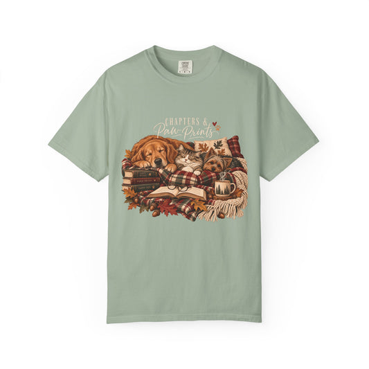 Chapters & Paw Prints T-Shirt – Cozy Book Lover Pet Parent Tee