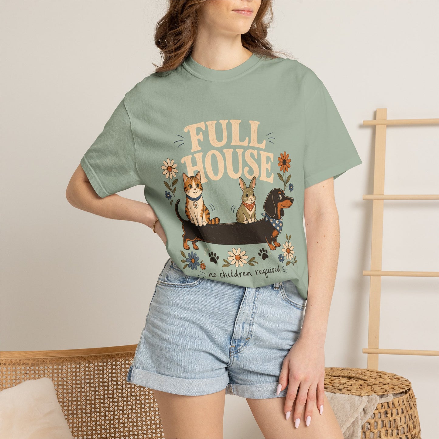 "Full House, No Children Required" Funny Dog, Cat & Bunny T-Shirt