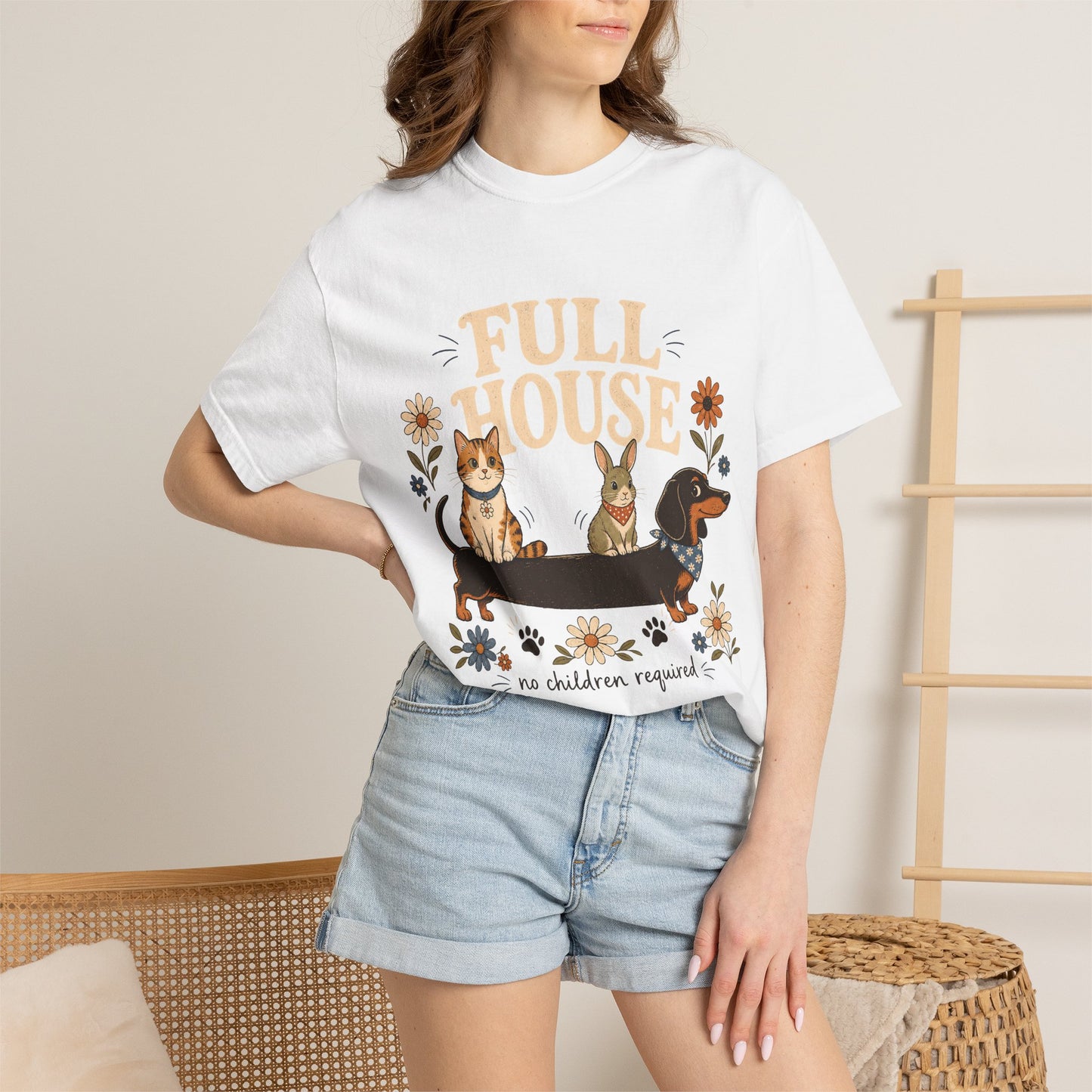 "Full House, No Children Required" Funny Dog, Cat & Bunny T-Shirt