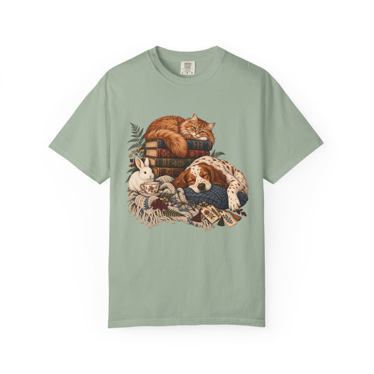 Cozy Reading Pets T-Shirt – Cat, Dog & Bunny Book Lover Tee