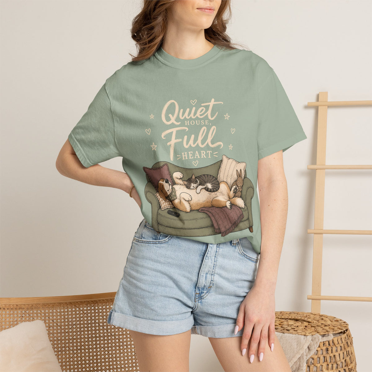 "Quiet House, Full Heart" Sleeping Dog, Cat & Bunny Sofa T-Shirt