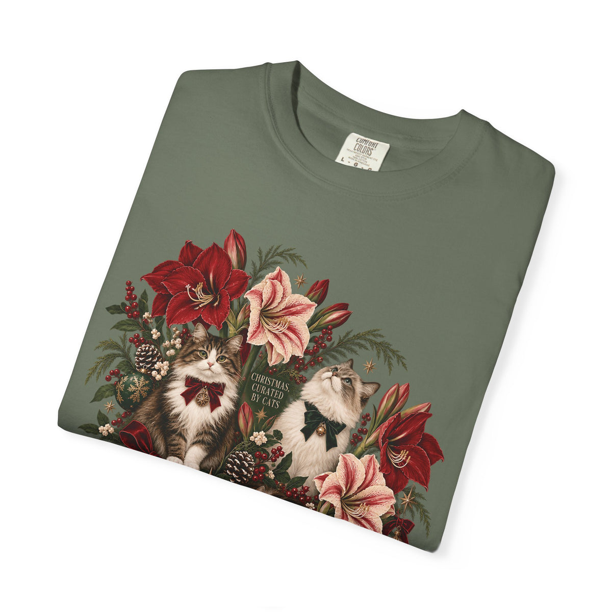 Christmas Curated by Cats T-Shirt – Elegant Vintage Christmas Cat Tee