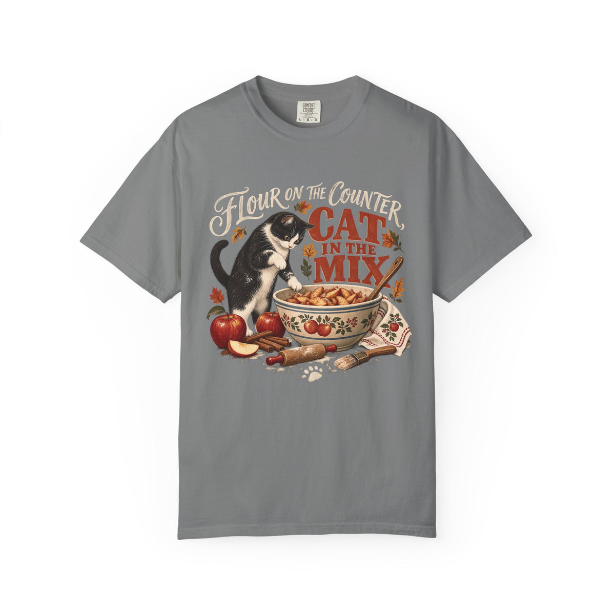 Flour on the Counter Cat in the Mix T-Shirt – Funny Baking Cat Tee