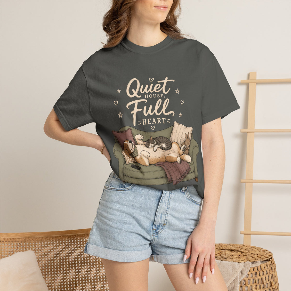 "Quiet House, Full Heart" Sleeping Dog, Cat & Bunny Sofa T-Shirt