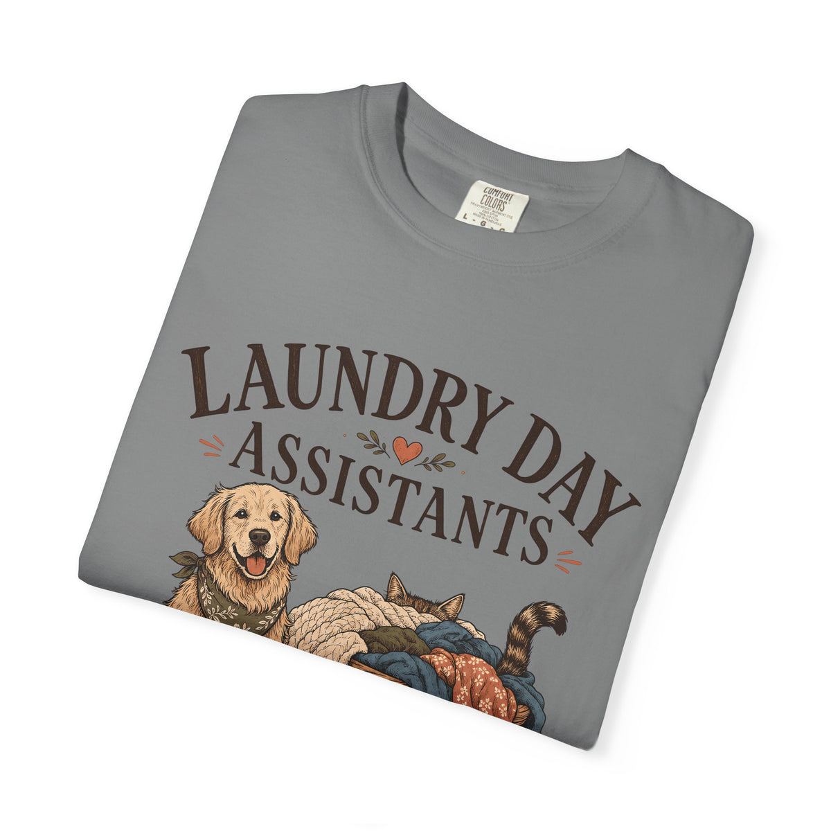 "Laundry Day Assistants" Funny Golden Retriever & Cat T-Shirt