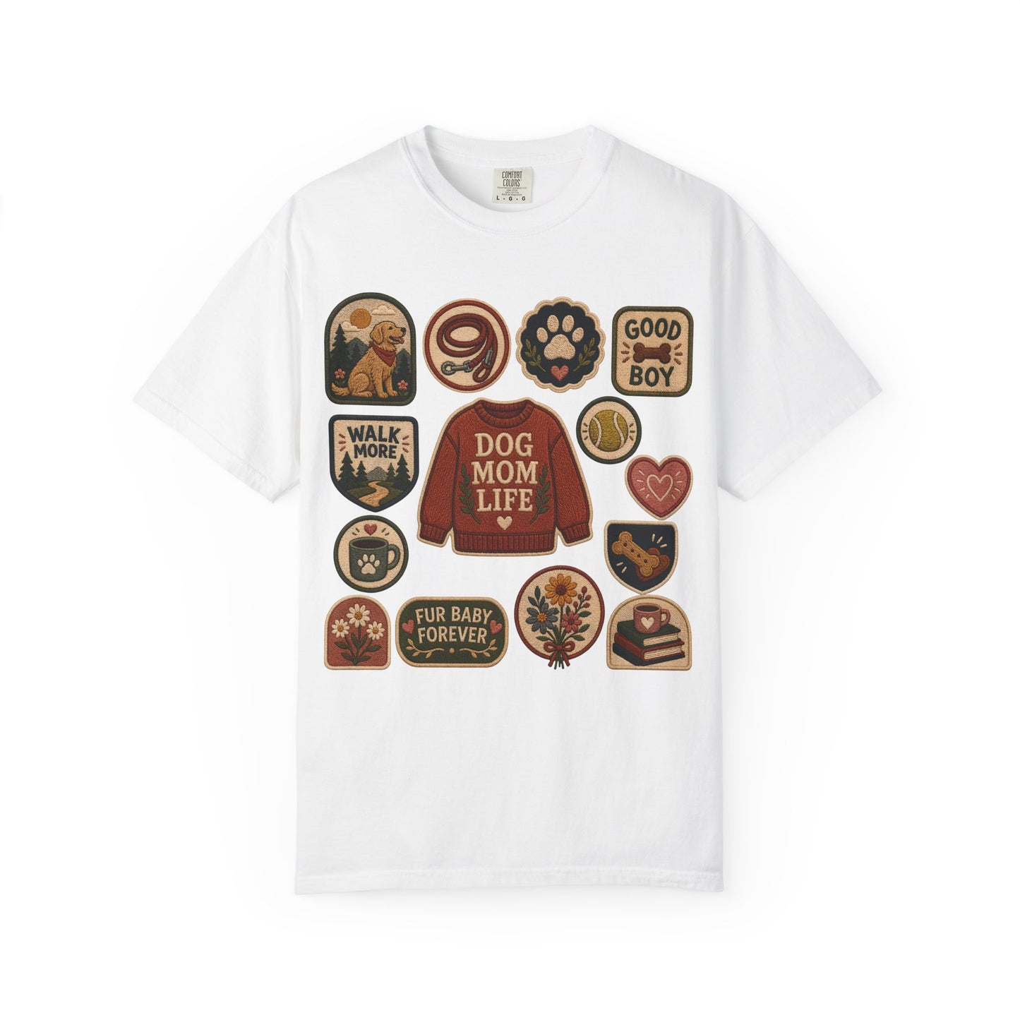 Dog Mom Life Patch — Cute Pet Lover T-Shirt (Patch Effect - Flat Printed Image - No Embroidery on this T-Shirt)