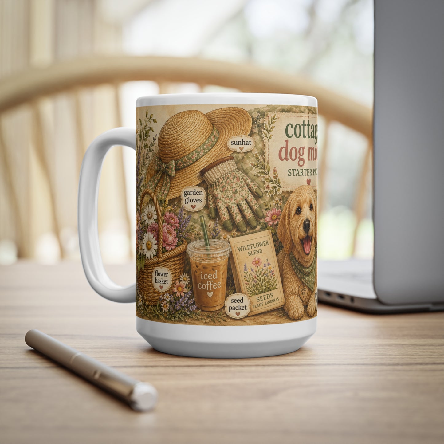 Cottage Dog Mom Mug — Ceramic 15oz Coffee Cup, Rustic Floral & Puppy Starter Pack Design