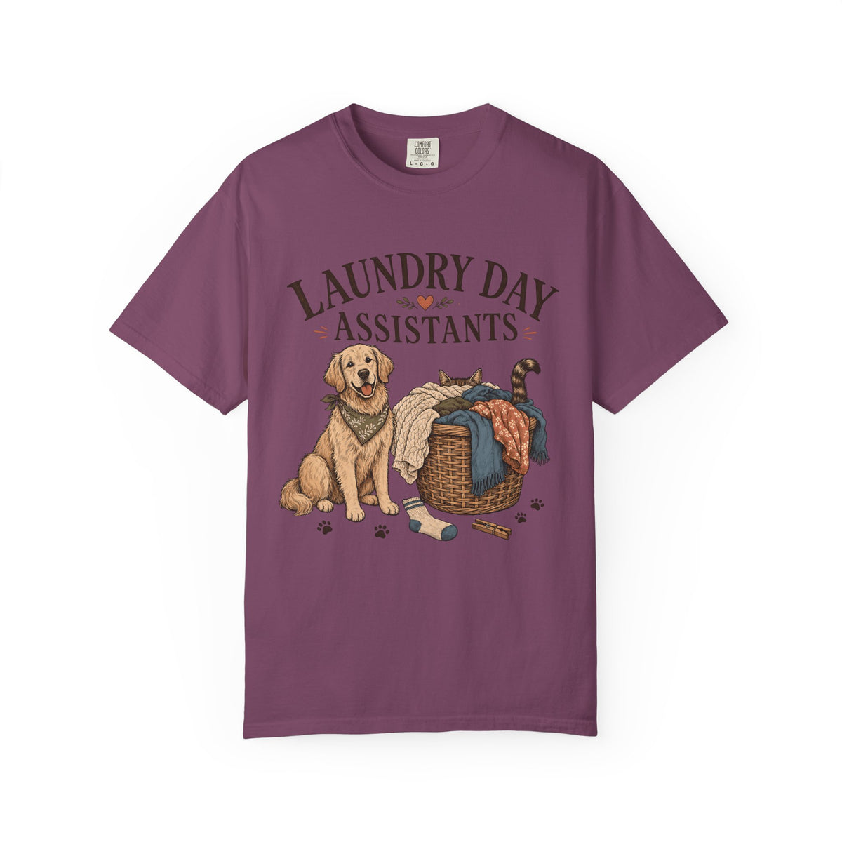 "Laundry Day Assistants" Funny Golden Retriever & Cat T-Shirt