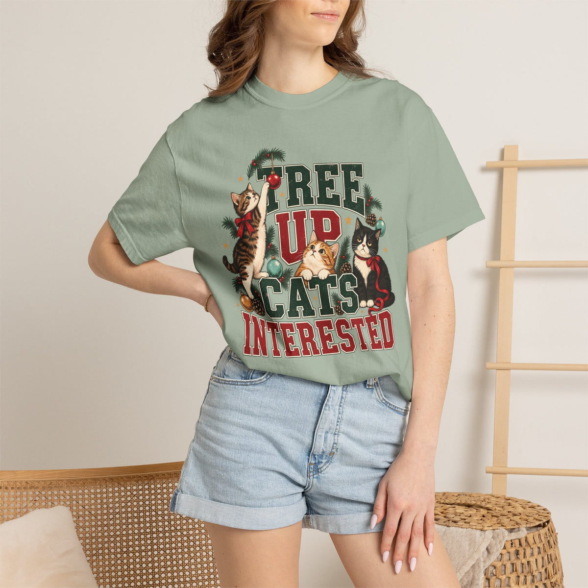 Tree Up Cats Interested T-Shirt – Funny Christmas Cat Lover Tee