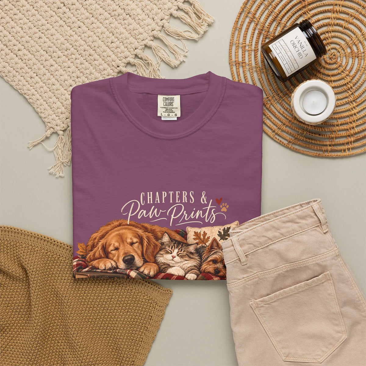 Chapters & Paw Prints T-Shirt – Cozy Book Lover Pet Parent Tee