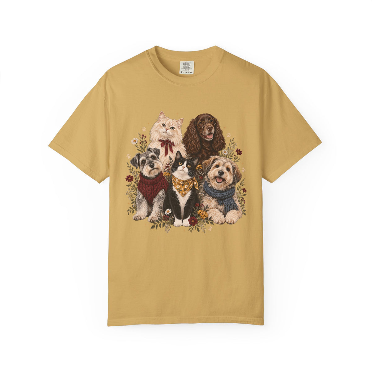 Dog & Cat Family T-Shirt – Vintage Botanical Five Pets Tee
