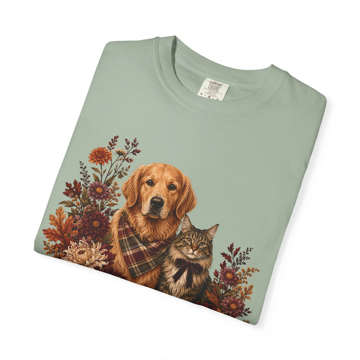 Autumn Dog & Cat Floral T-Shirt – Cozy Fall Pet Lover Graphic T-Shirt