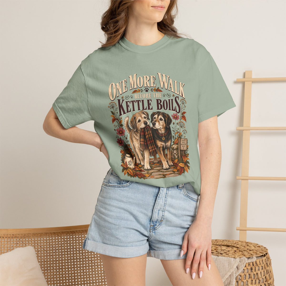 One More Walk Before the Kettle Boils T-Shirt – Vintage Dog Walking Tee