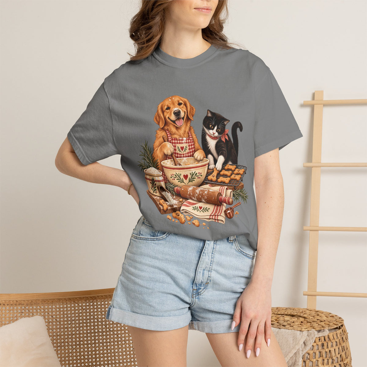 Dog & Cat Baking T-Shirt – Cozy Country Kitchen Pet Lover Tee