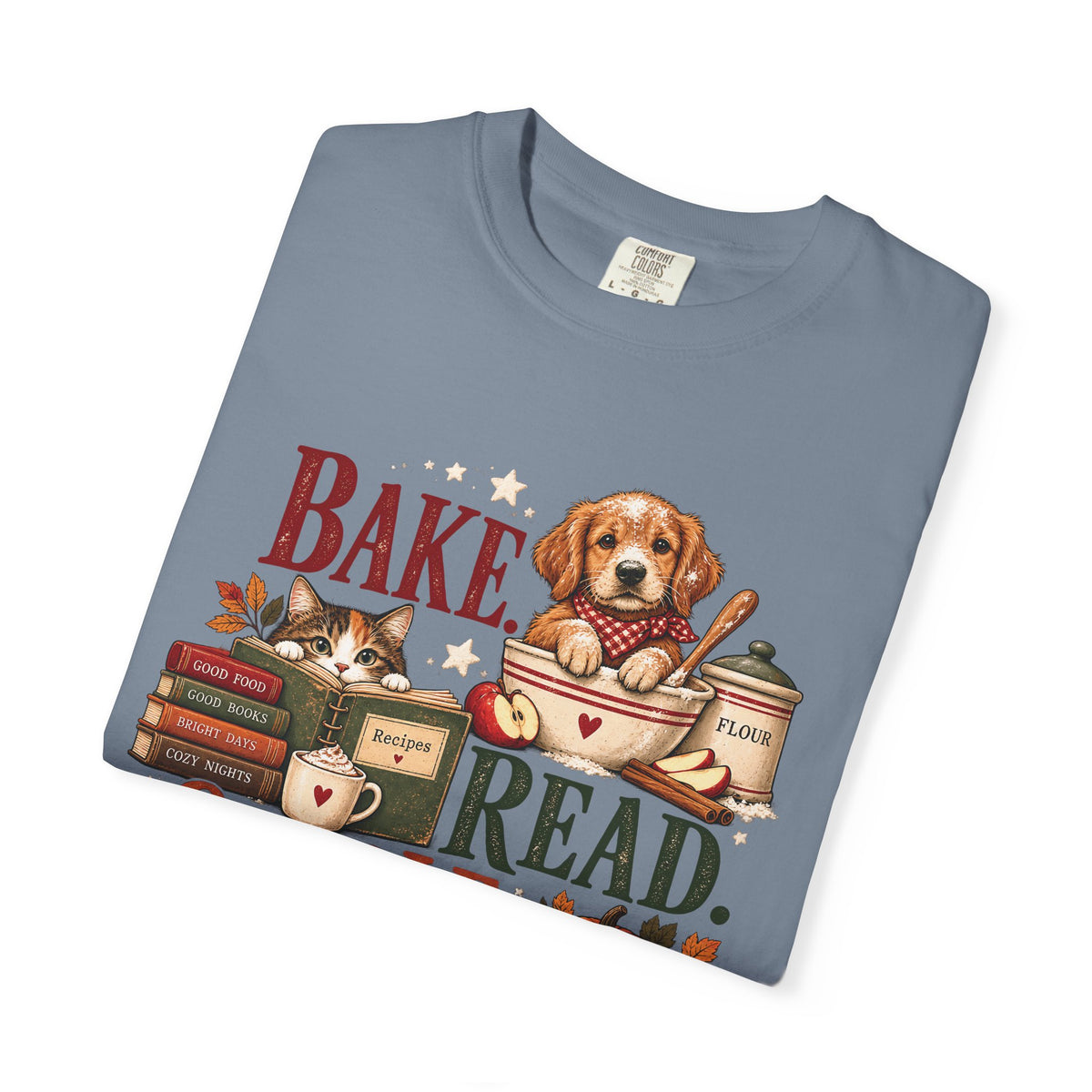 Bake. Read. Cuddle. Repeat. Pet Lover T-Shirt – Cozy Dog & Cat Book Lover Tee