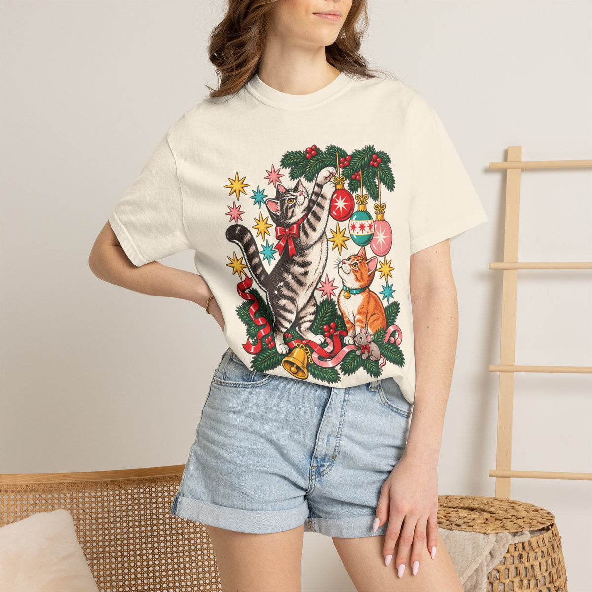 Retro Christmas Cats T-Shirt – Mischievous Cats & Ornaments Tee