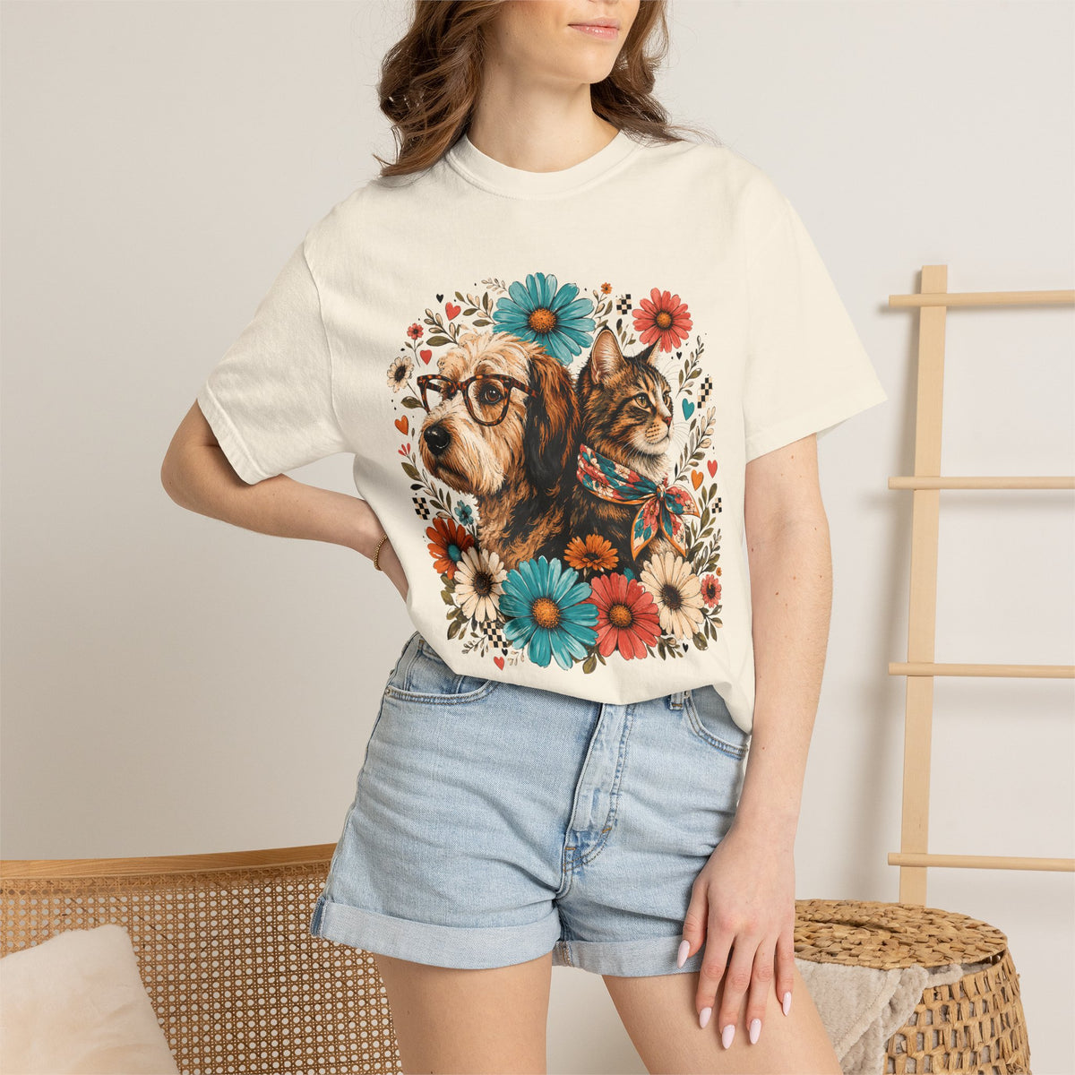 Retro Floral Dog and Cat T-Shirt – Colorful Pet Mom Graphic