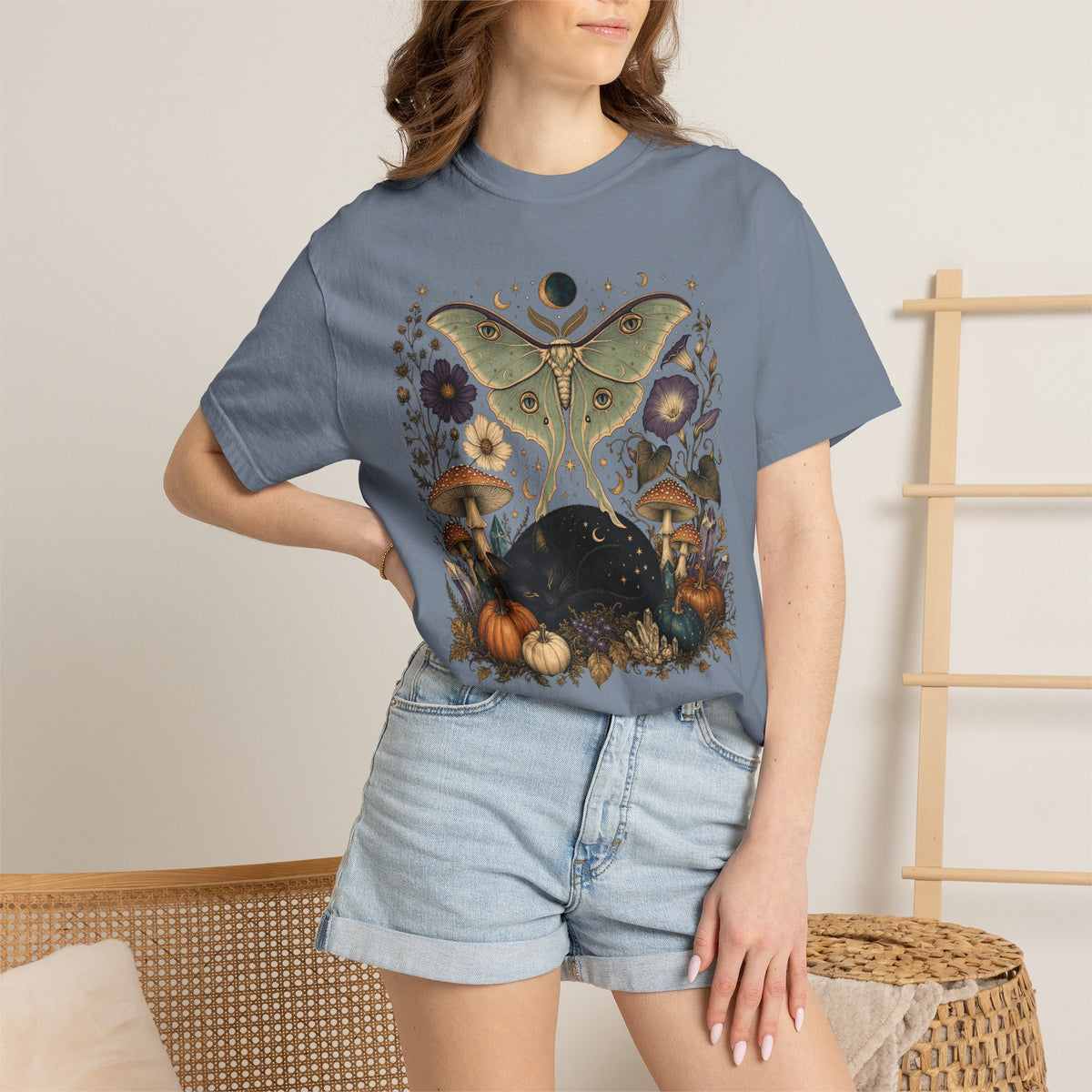 Celestial Black Cat T-Shirt – Witchy Moth & Mushroom Cat Lover Tee