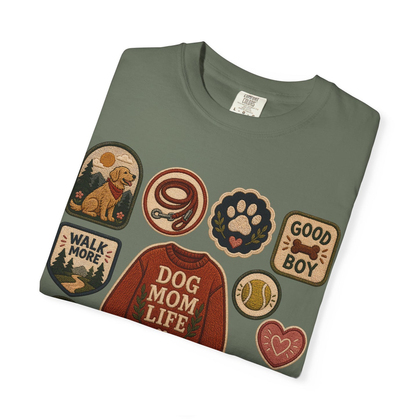 Dog Mom Life Patch — Cute Pet Lover T-Shirt (Patch Effect - Flat Printed Image - No Embroidery on this T-Shirt)