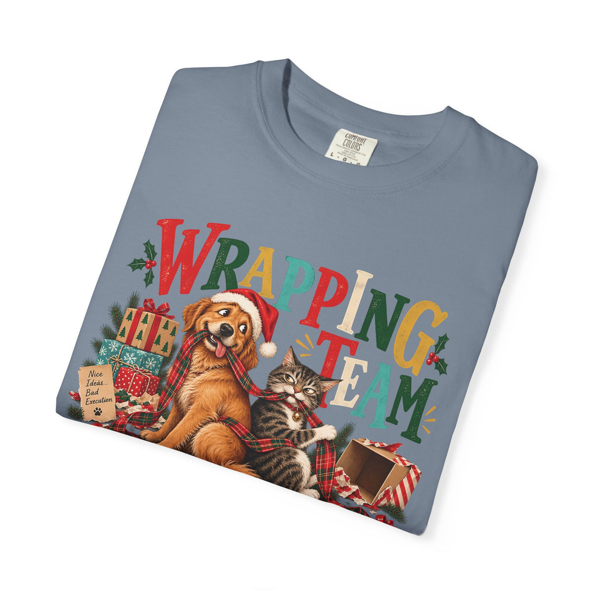 Wrapping Team on Probation T-Shirt – Funny Christmas Dog & Cat Tee