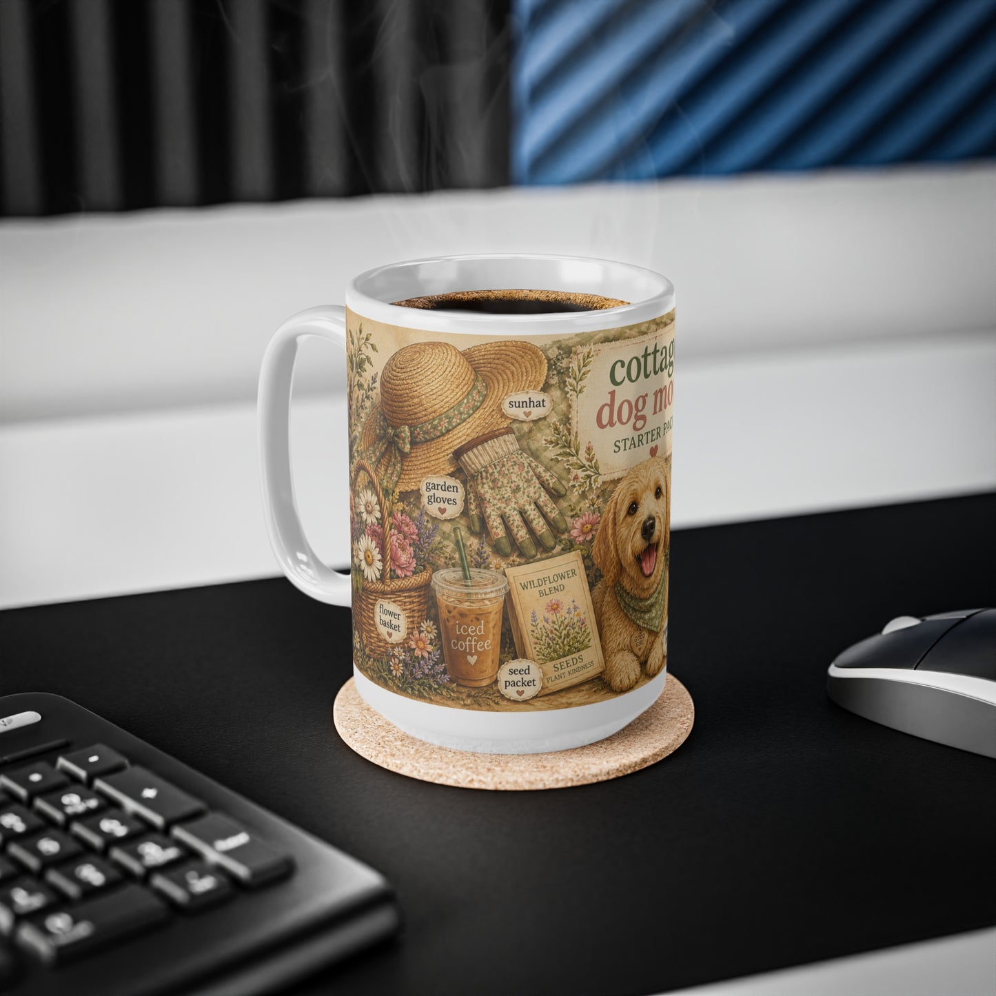 Cottage Dog Mom Mug — Ceramic 15oz Coffee Cup, Rustic Floral & Puppy Starter Pack Design