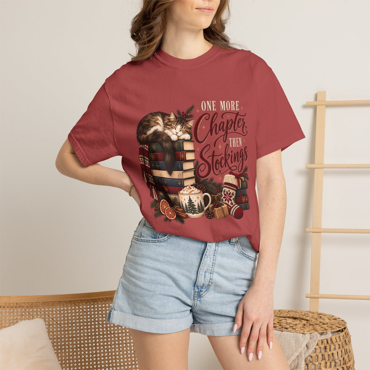 One More Chapter Then Stockings T-Shirt – Christmas Cat & Book Lover Tee