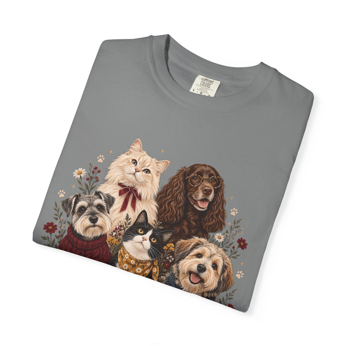Dog & Cat Family T-Shirt – Vintage Botanical Five Pets Tee