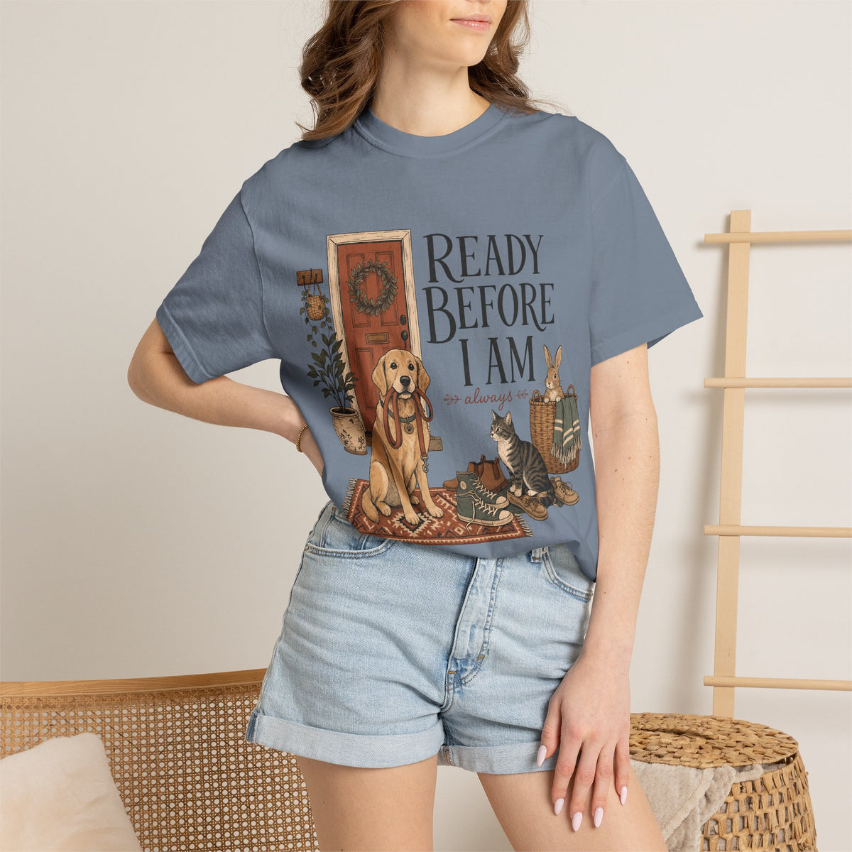 "Ready Before I Am, Always" Golden Retriever, Cat & Bunny T-Shirt