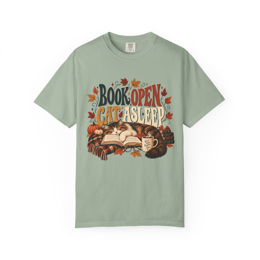 Book Open Cat Asleep T-Shirt – Cozy Cat Lover & Reader Tee