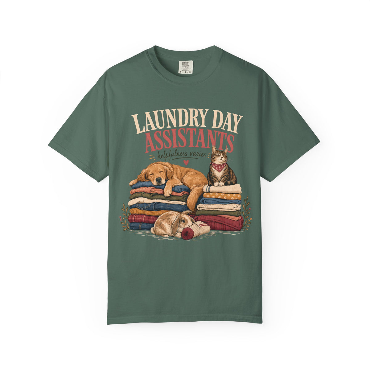 Laundry Day Assistants T-Shirt – Cute Dogs & Cat on Folded Clothes
