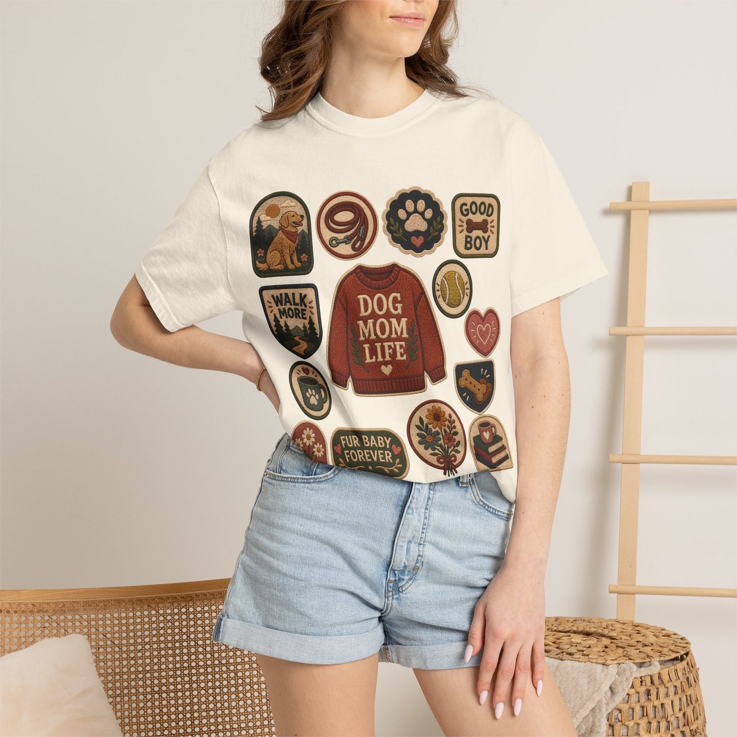 Dog Mom Life Patch — Cute Pet Lover T-Shirt (Patch Effect - Flat Printed Image - No Embroidery on this T-Shirt)