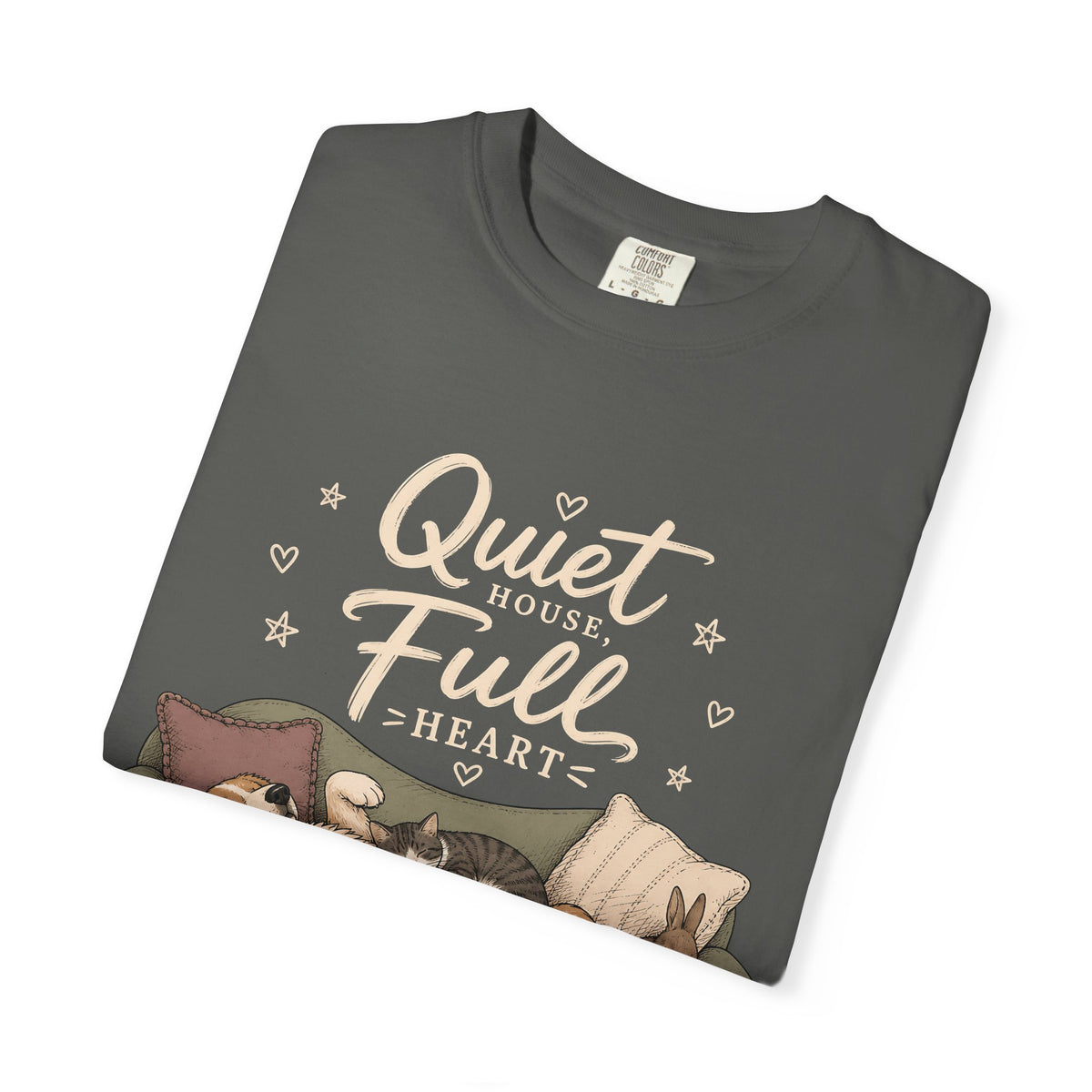 "Quiet House, Full Heart" Sleeping Dog, Cat & Bunny Sofa T-Shirt