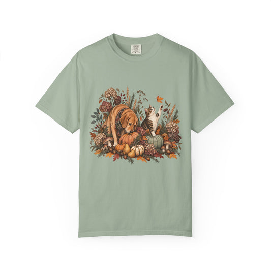 Autumn Dog & Cat T-Shirt – Botanical Fall Pet Lover Tee