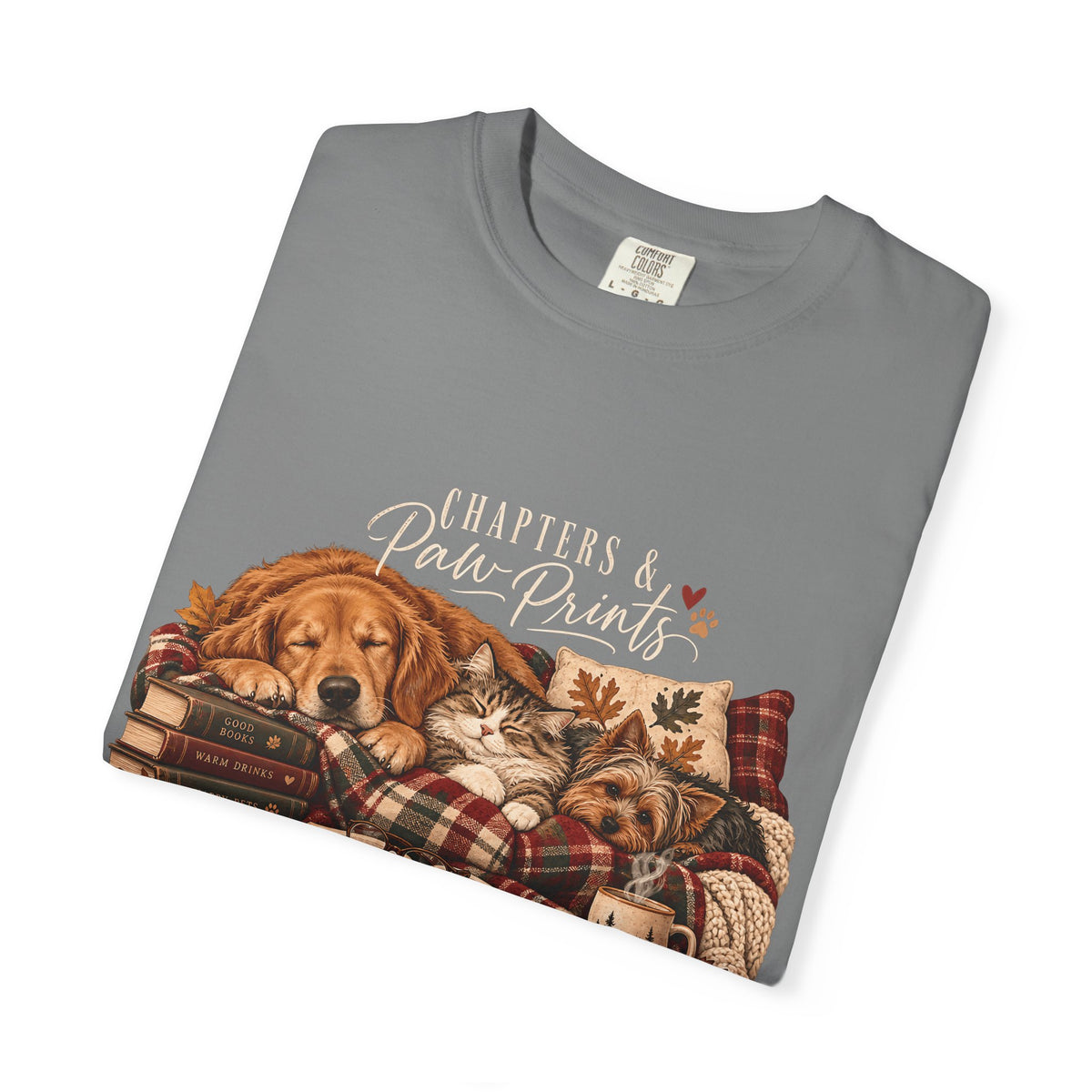 Chapters & Paw Prints T-Shirt – Cozy Book Lover Pet Parent Tee