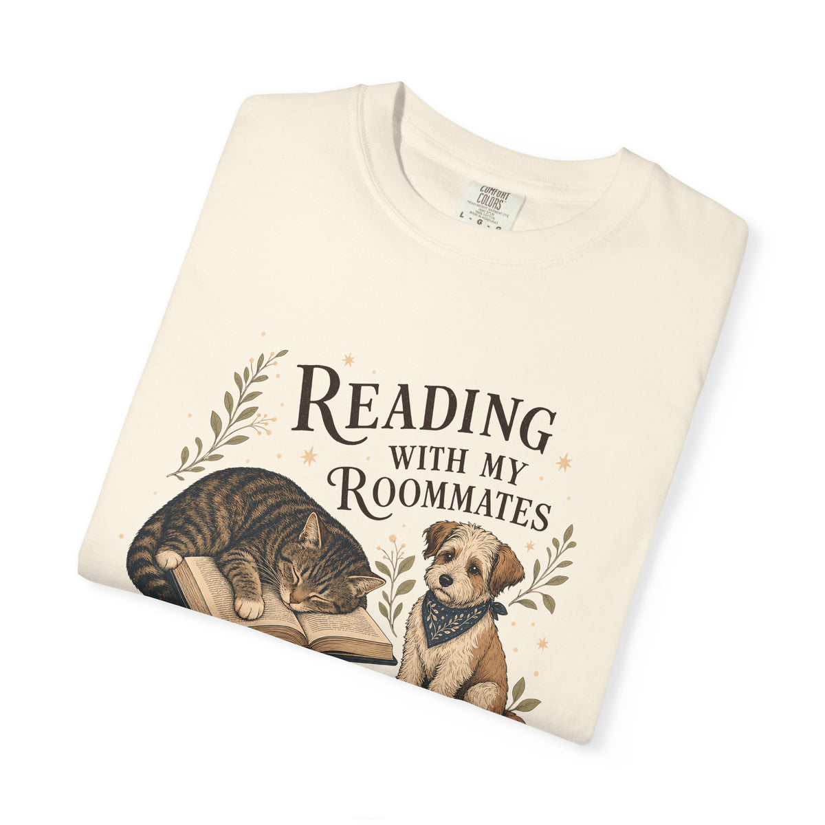 "Reading With My Roommates" Cat, Dog & Bunny Book Lover T-Shirt