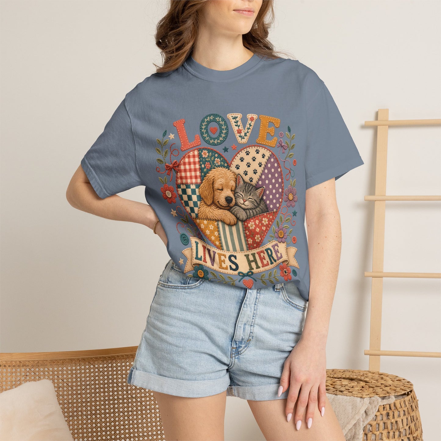 Love Lives Here — Cute Pet Lover T-Shirt - Embroidery Effecrt Print
