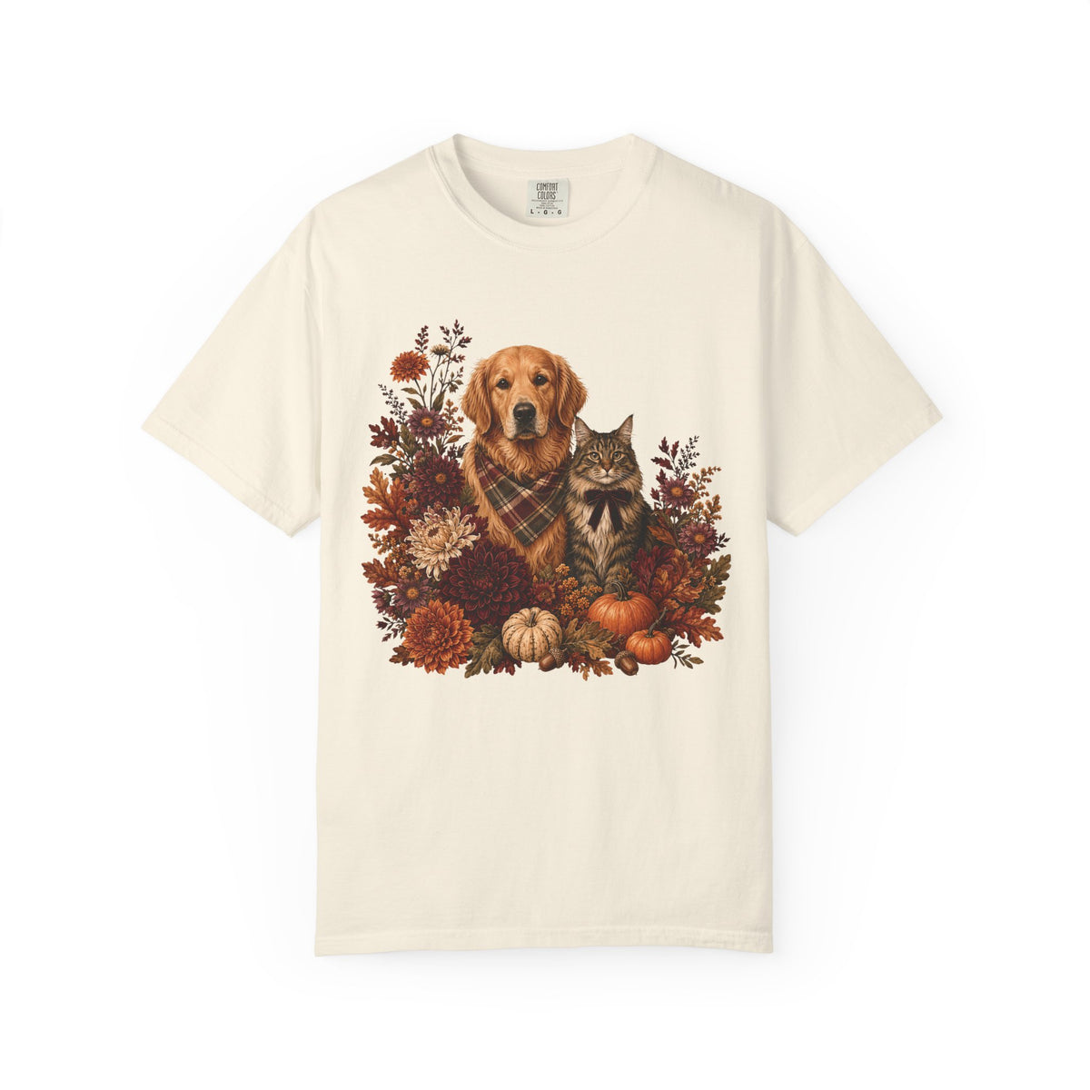 Autumn Dog & Cat Floral T-Shirt – Cozy Fall Pet Lover Graphic T-Shirt