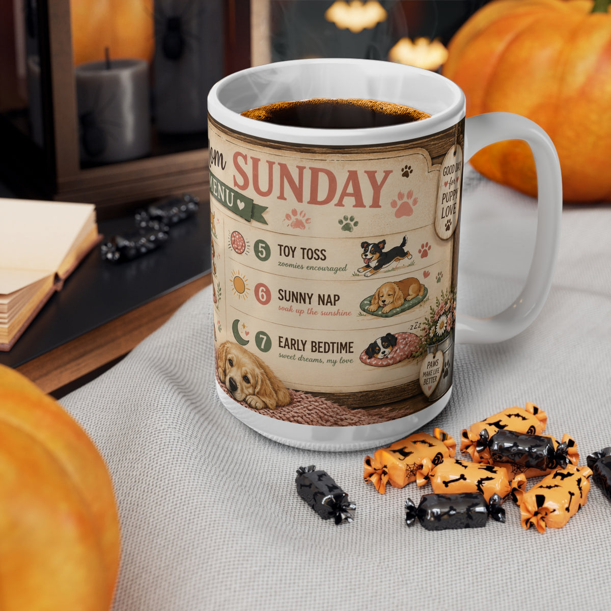 Dog Mom Sunday Menu Mug — Cute Coffee Cup for Dog Lovers (15oz Mug)