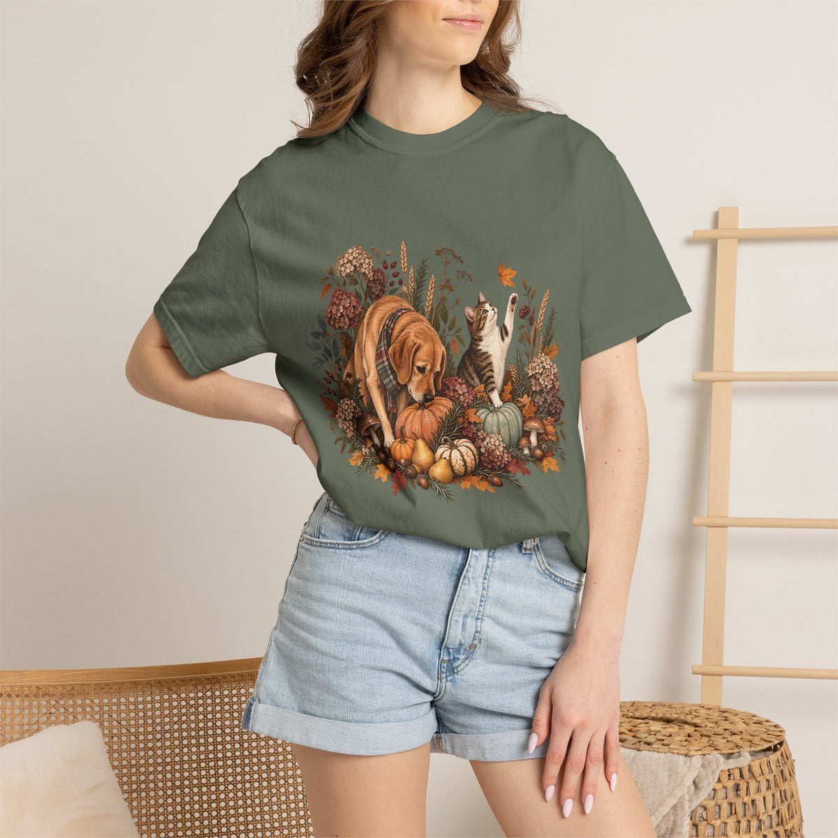 Autumn Dog & Cat T-Shirt – Botanical Fall Pet Lover Tee