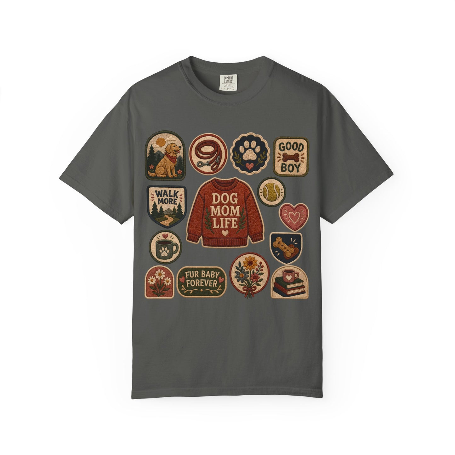 Dog Mom Life Patch — Cute Pet Lover T-Shirt (Patch Effect - Flat Printed Image - No Embroidery on this T-Shirt)