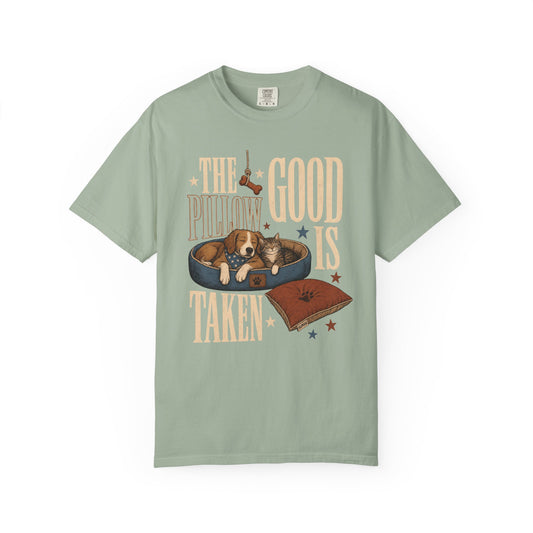"The Good Pillow Is Taken" Funny Sleeping Dog & Cat T-Shirt