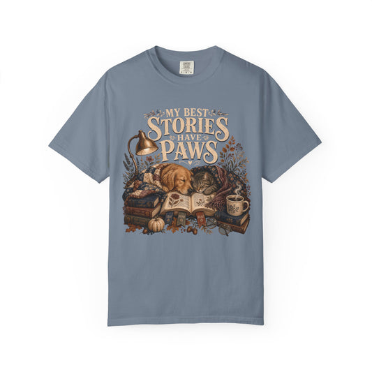My Best Stories Have Paws – Book Lover Dog & Cat T-Shirt