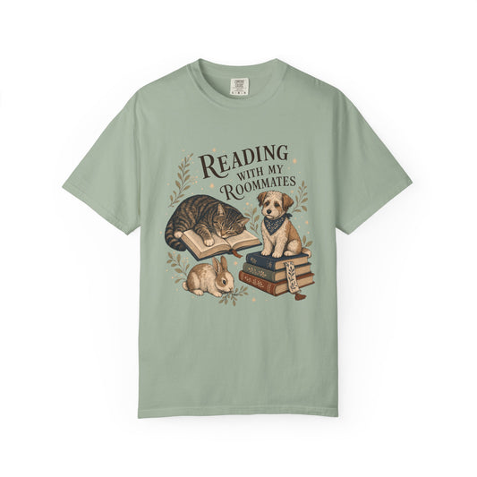 "Reading With My Roommates" Cat, Dog & Bunny Book Lover T-Shirt