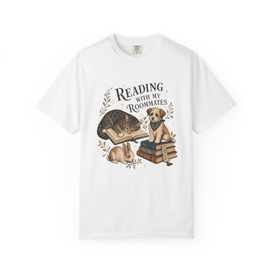 "Reading With My Roommates" Cat, Dog & Bunny Book Lover T-Shirt