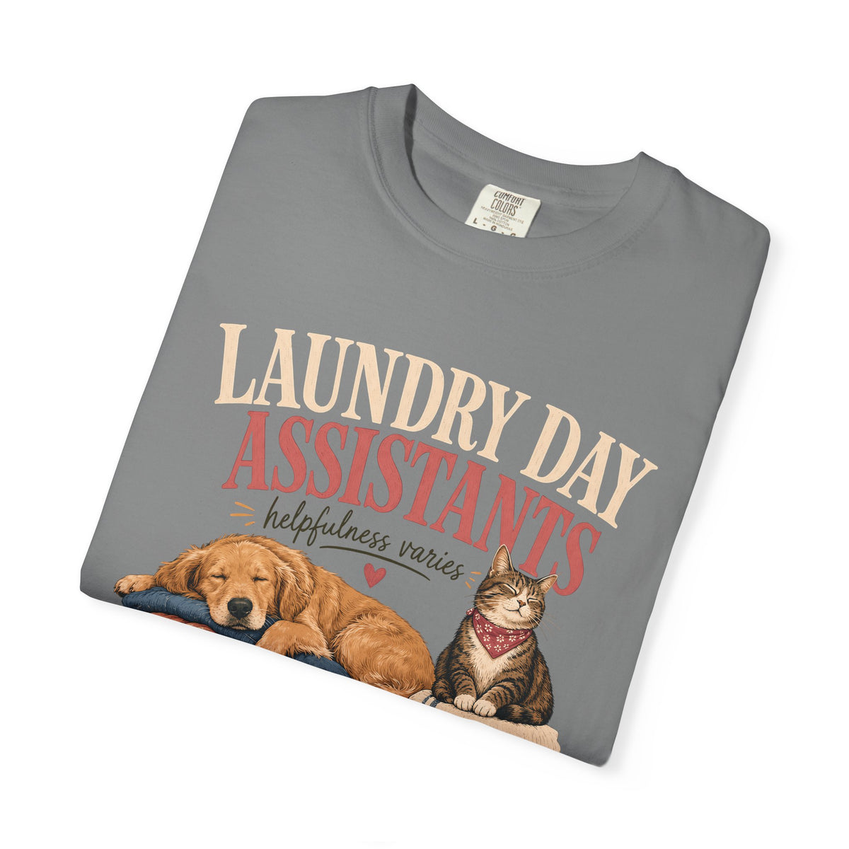 Laundry Day Assistants T-Shirt – Cute Dogs & Cat on Folded Clothes