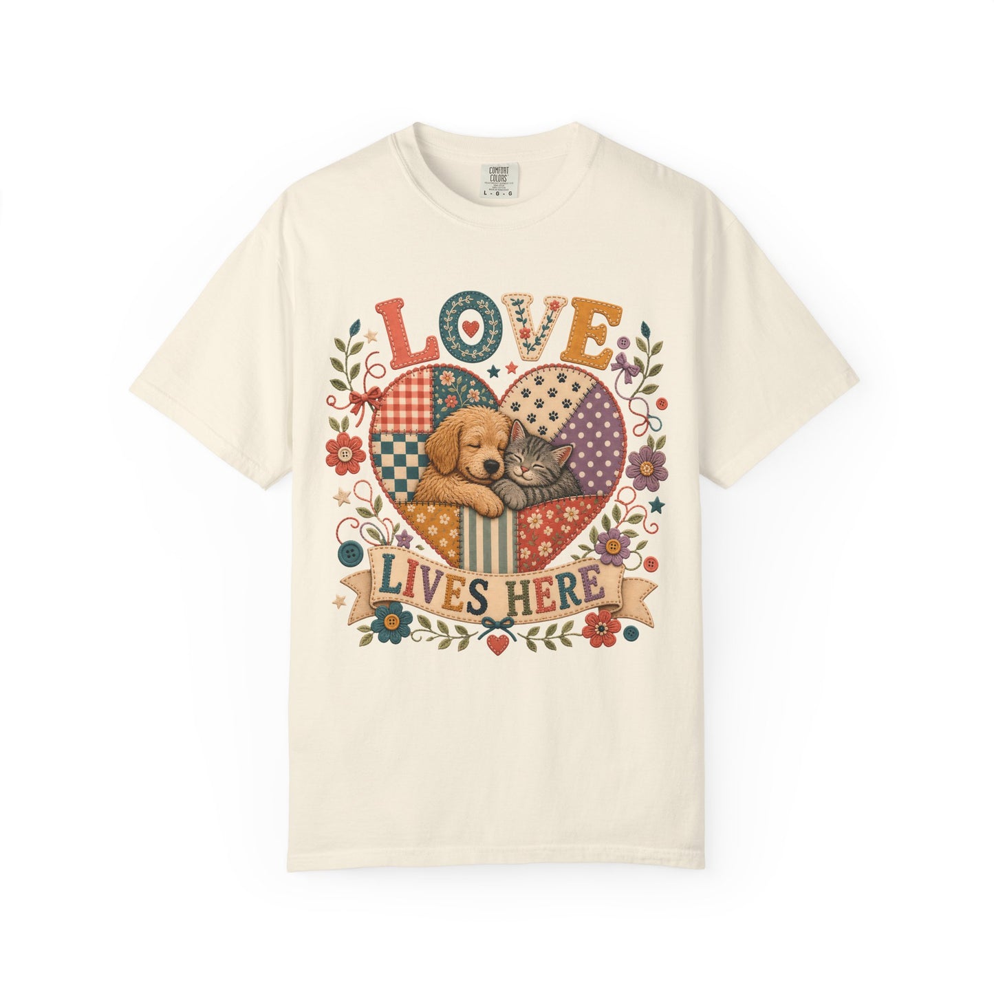 Love Lives Here — Cute Pet Lover T-Shirt - Embroidery Effecrt Print