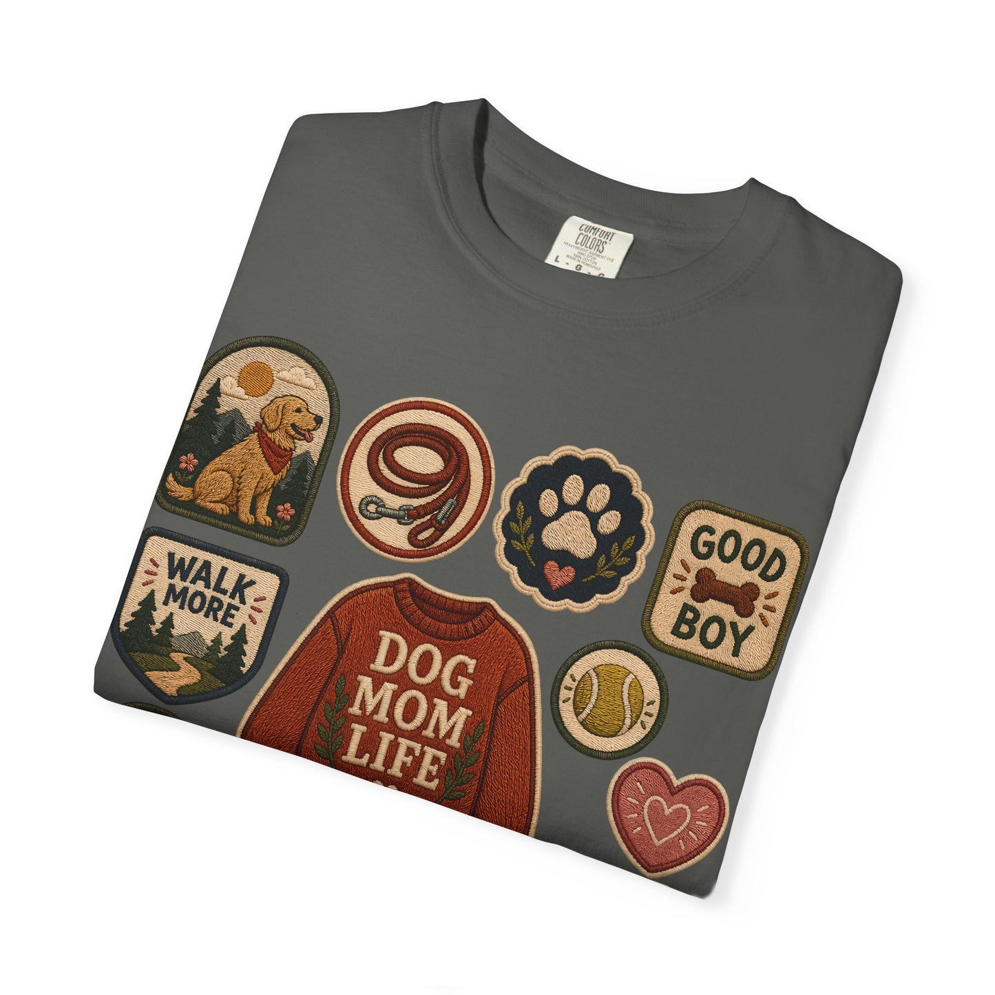 Dog Mom Life Patch — Cute Pet Lover T-Shirt (Patch Effect - Flat Printed Image - No Embroidery on this T-Shirt)