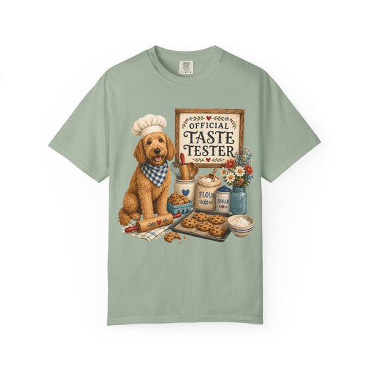 Sage green t-shirt . Offical Taste Tester. Cockerpoo baking