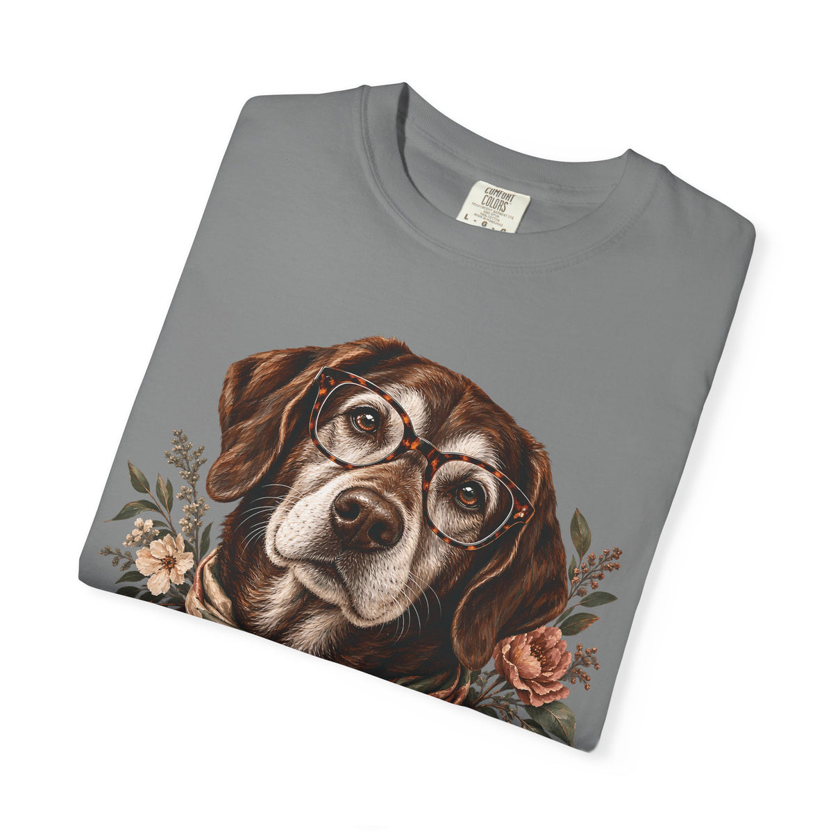 Vintage Floral Dog T-Shirt – Dog with Glasses & Botanical Scarf Tee