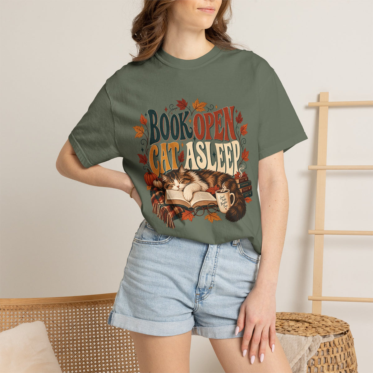 Book Open Cat Asleep T-Shirt – Cozy Cat Lover & Reader Tee